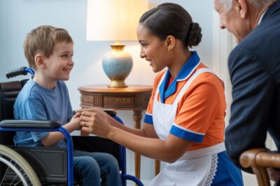 Toda la mansión contuvo la respiración cuando el solitario multimillonario entró y vio a su silencioso hijo en silla de ruedas meciéndose suavemente en los brazos de la criada. Lo que sucedió después fue algo impredecible