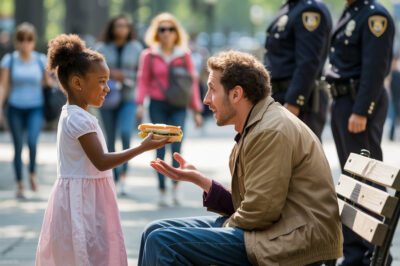 Niña negra le da un sándwich a un millonario vestido como hombre sin hogar — Al día siguiente, aparece la policía…