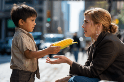 PEQUEÑO MENDIGO OFRECE SU ÚNICO MAÍZ A UNA MILLONARIA QUE LLORABA EN LA ACERA, Y LO QUE ELLA DIJO…