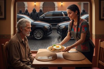Una camarera bondadosa alimentaba cada día a un anciano sin hogar de forma gratuita… hasta que una mañana, dos camionetas negras y varios hombres armados irrumpieron en su pequeño restaurante, revelando una verdad que cambiaría su vida para siempre.