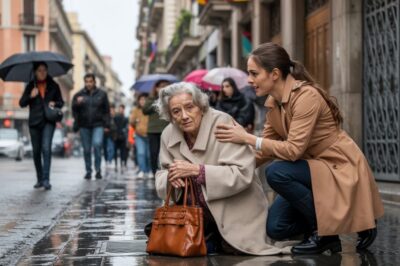 LA LLUVIA CAÍA SIN PIEDAD Y TODOS IGNORARON A LA ANCIANA TIRADA EN EL SUELO, PERO LO QUE HIZO ESTA MUJER DESCONOCIDA CAMBIÓ EL DESTINO DE TRES VIDAS PARA SIEMPRE
