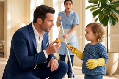Todos temían mirar al millonario a los ojos… hasta que la hija de la limpieza entró en su despacho con una galleta y un secreto que lo cambió todo. 