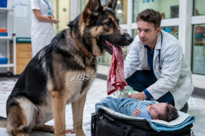 El pequeño pastor alemán arrastró un costal negro ensangrentado a través de la nieve hasta el hospital… y cuando los doctores lo abrieron, nadie estaba preparado para lo que encontraron dentro